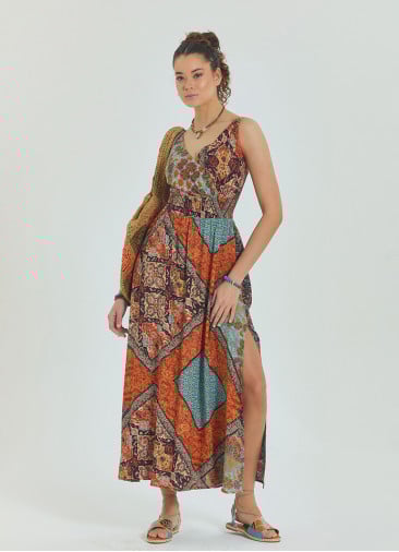 V Neck Robe Coffee Patterned Long Dress 4558